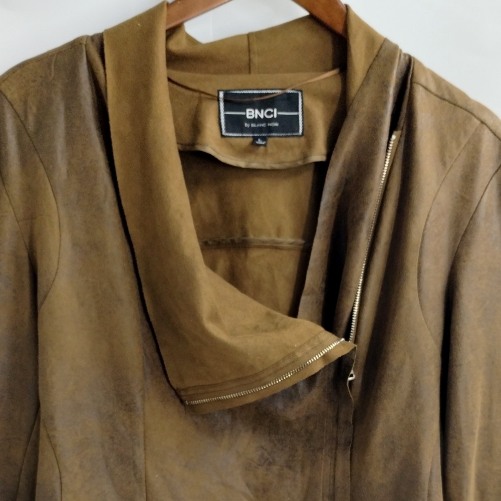 BNCI Vegan‎ Suede Moto Jacket Brown Crackle Zip Drape - Picture 3 of 10